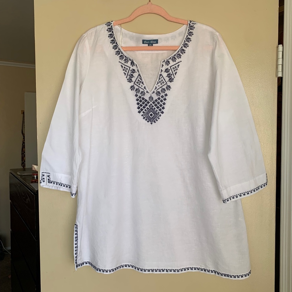 Fleur Bleue Linen Cotton Tunic Top Embroidered Sz.L Beach Coastal Shirt